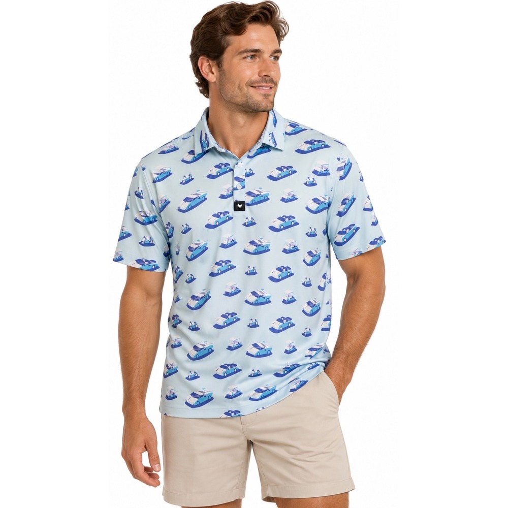 Bad Birdie Golf Polo Car Golf Cart Print Mens Size L Blue Performance Preppy